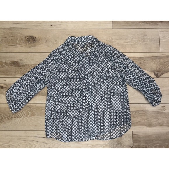 AB Studio Sheer Button Up Blouse Womens L Black and White Roll Tab Long Sleeve - Picture 2 of 6